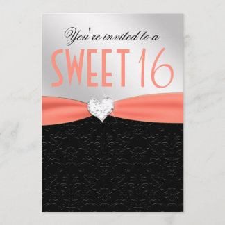 Pfirsich-und Schwarz-Blumendamast-Diamant-Herz Einladung