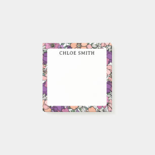 Pfirsich- und violettes Blumenmuster Name Post-it Klebezettel