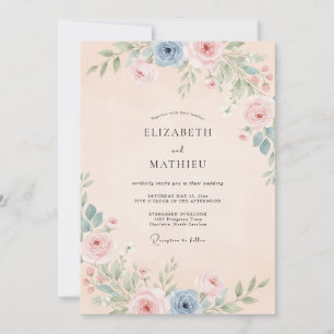 Pfirsich Weichblaue Florale Wasserfarben-Hochzeit Einladung