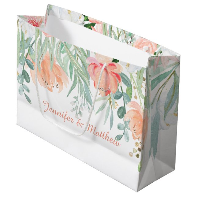 Pfirsich-weises Grünwatercolor-Blumen-GROSSE Große Geschenktüte (Vorderseite Schrägansicht)