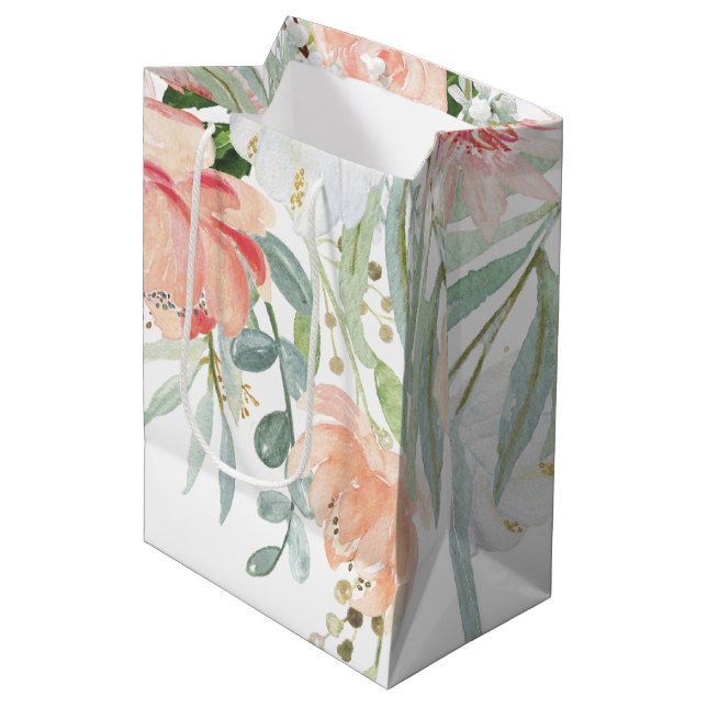 Pfirsich-weises Grünwatercolor-Blumen MEDIUM Mittlere Geschenktüte (Vorderseite Schrägansicht)