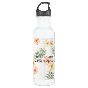 Pfirsich Weiße Hibiskusblüten Grüne Blätter Edelstahlflasche