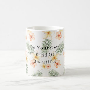 Pfirsich Weiße Hibiskusblüten Grüne Blätter Kaffeetasse