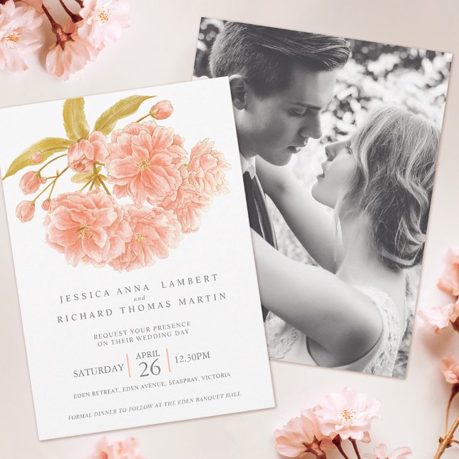 Pfirsichbaumblüte Aquarellfarben Foto Hochzeit Einladung (Von Creator hochgeladen)