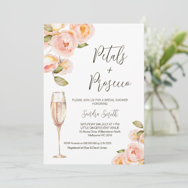 Pfirsichblättrige Prosecco QR Code Brautparty Einladung (Stehend Vorderseite)