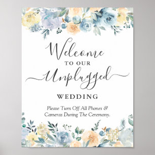 Pfirsichblaue Blumenschrift 'Unplugged' Hochzeitss Poster