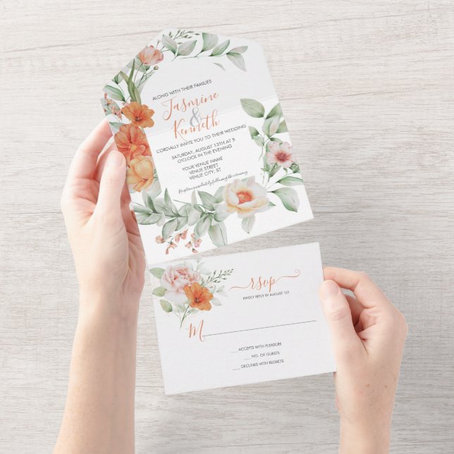 Pfirsichblumenhochzeit in einer Einladung (Abreißen)