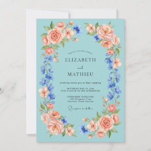 Pfirsichblüten-Aquamarin-Romanze-Hochzeit Einladung