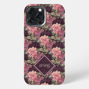 Pfirsichblüten auf violettem Diamant-Monogramm iPhone 13 Pro Max Hülle