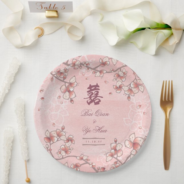 Pfirsichblüten Doppelglücklichkeit chinesische Hoc Pappteller (Hochzeit)