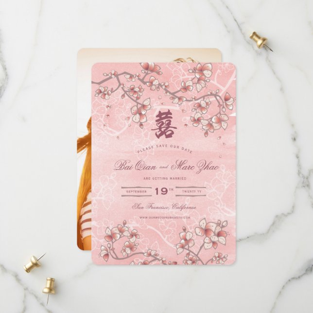 Pfirsichblüten Doppelglücklichkeit chinesische Hoc Save The Date (Vorderseite/Rückseite Beispiel)