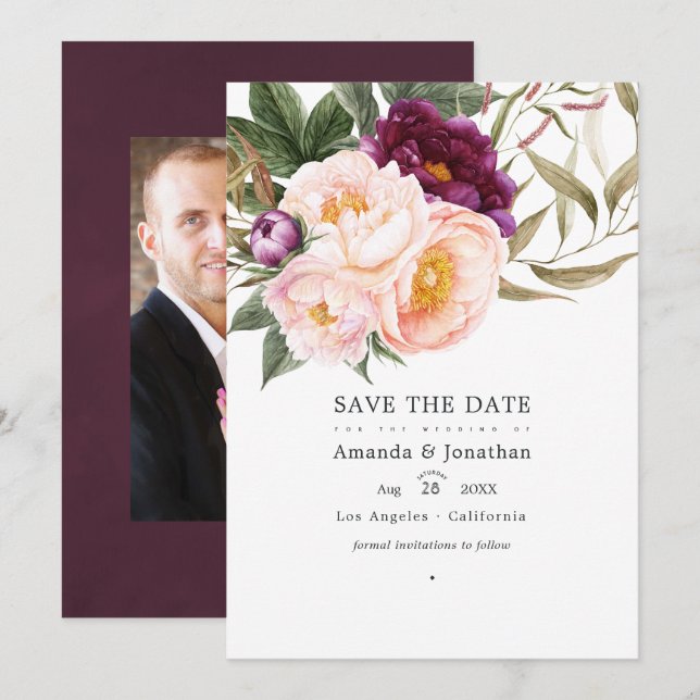 Pfirsichblütenhochzeit-Foto Save The Date (Vorne/Hinten)