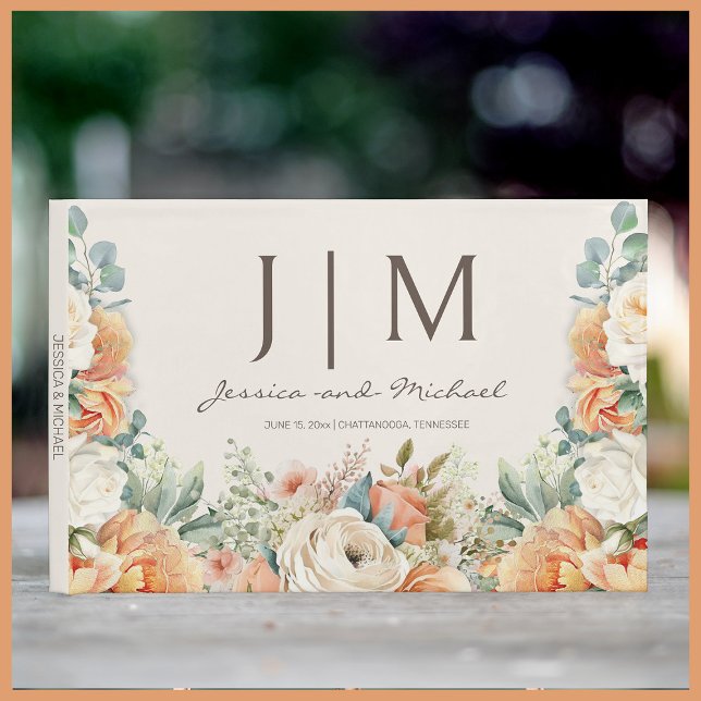 Pfirsichcreme Gästebuch (Elegant peach and cream-colored watercolor floral wedding guestbook)