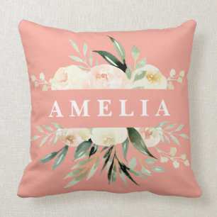 Pfirsichcreme grün Aquarell Blüten personalisiert Kissen