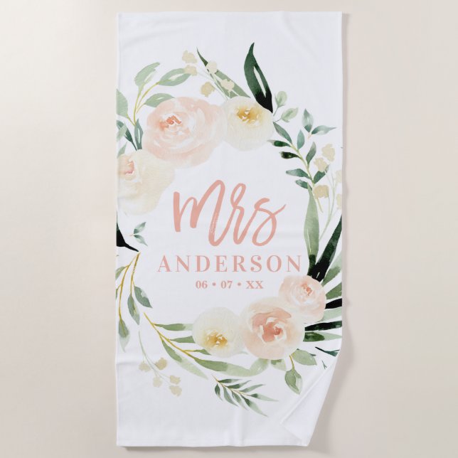 Pfirsichcreme, grüne Aquarellblütenhochzeit Strandtuch (Vorderseite)