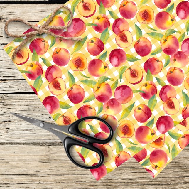 Pfirsiche auf gelbem Gingham-Hintergrund Seidenpapier (Von Creator hochgeladen)