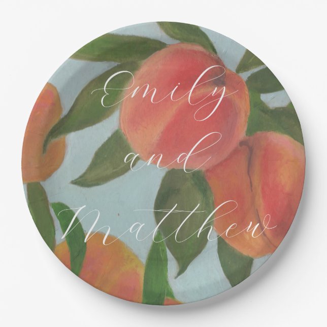 Pfirsiche mit hellblauem Braut & Bräutigam-Papiert Pappteller (Vorderseite)