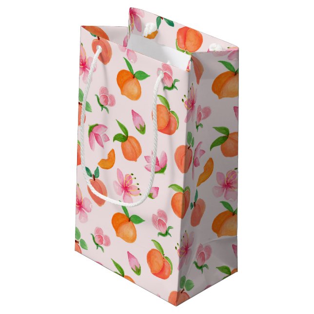 Pfirsiche und Blütenmuster Kleine Geschenktüte (Rückseite Schrägansicht)