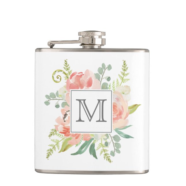 Pfirsiche und Creme Mit Monogramm Flachmann (Vorderseite)