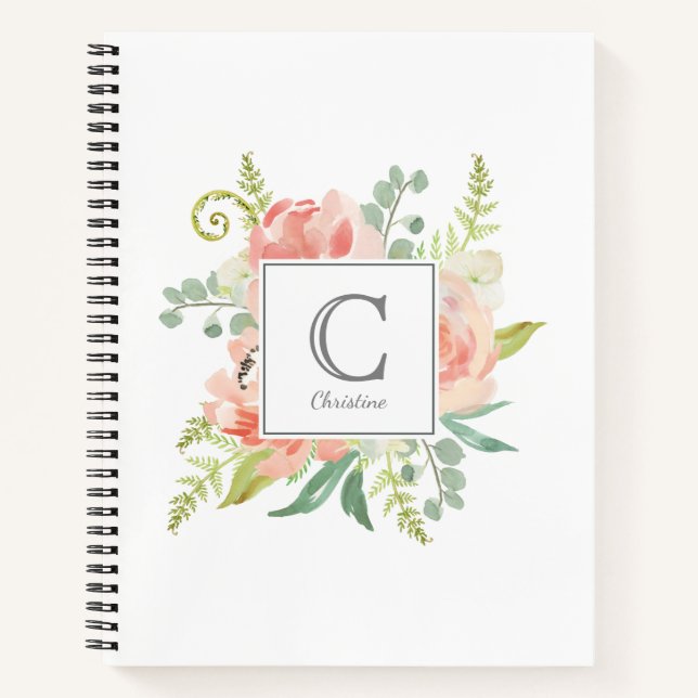 Pfirsiche und cremefarbene Flora mit Monogramm Notizbuch (Vorderseite)