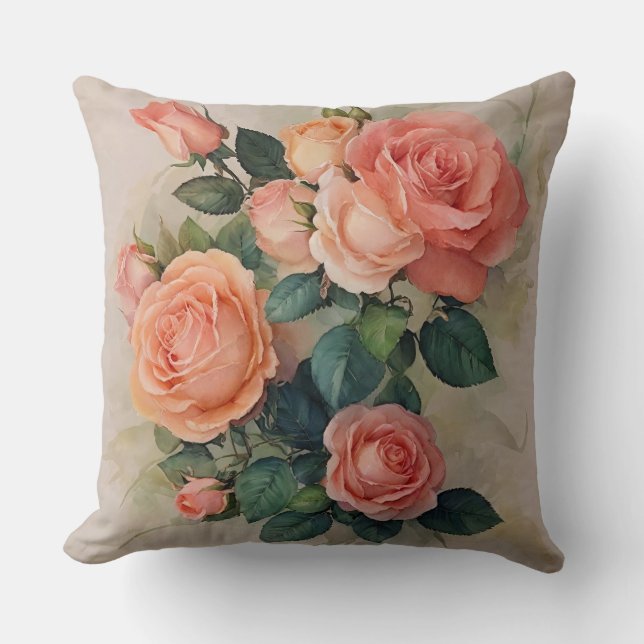 Pfirsiche und Lachs Rosa Blüten Kissen (Vorderseite)