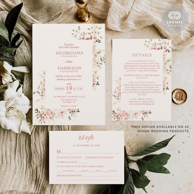 Pfirsichfarbene Blume Blass Pfirsichblütenhochzeit Einladung (Pale Pink Soft Light Peach Flowers Floral Wedding Invitation)
