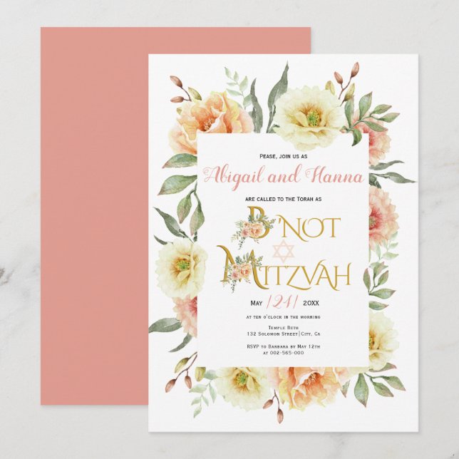 Pfirsichfarbene Blume floral B' Nicht Mitzvah Einladung (Vorne/Hinten)