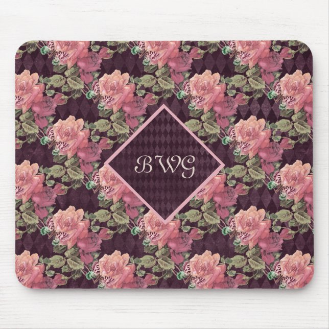 Pfirsichfarbene Blume für das Monogramm Lila Diama Mousepad (Vorne)