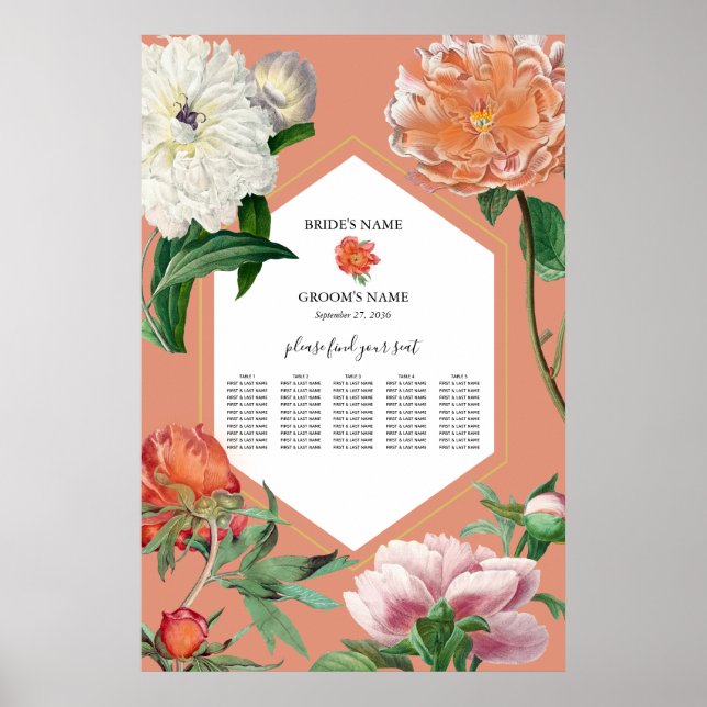 Pfirsichfarbene Blume Hochzeitsdiagramm Poster (Vorne)
