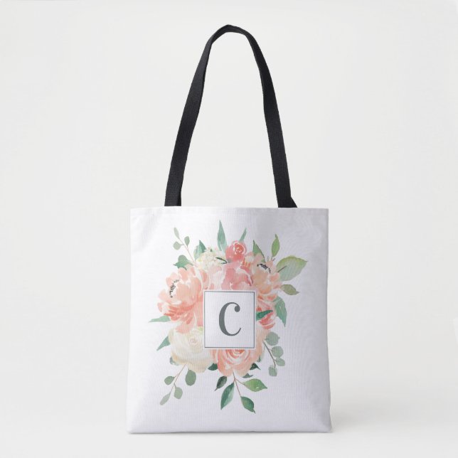 Pfirsichfarbene Bouquet mit beliebigen Monogrammen Tasche (Vorderseite)