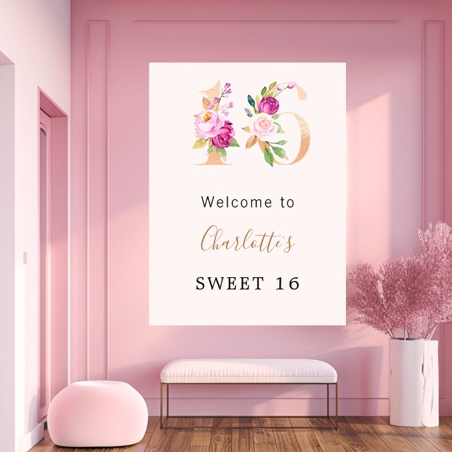 Pfirsichfarbene Floralnummer Sweet 16 welcome Poster (Von Creator hochgeladen)