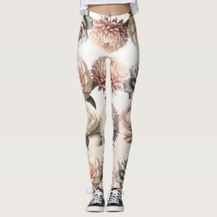 Pfirsichfarbene Pink Cremige Weiße Blumen Florale Leggings