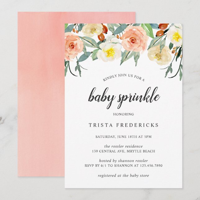 Pfirsichfarbene Rose Floral Girl Baby Sprinkle Einladung (Vorne/Hinten)