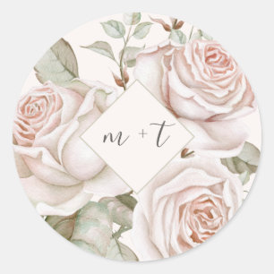 Pfirsichfarbene Rose mit Monogramm Hochzeit Runder Aufkleber