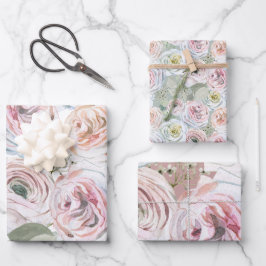 Pfirsichfarbene Rose Weiß Blütensaft Salbei Geschenkpapier Set