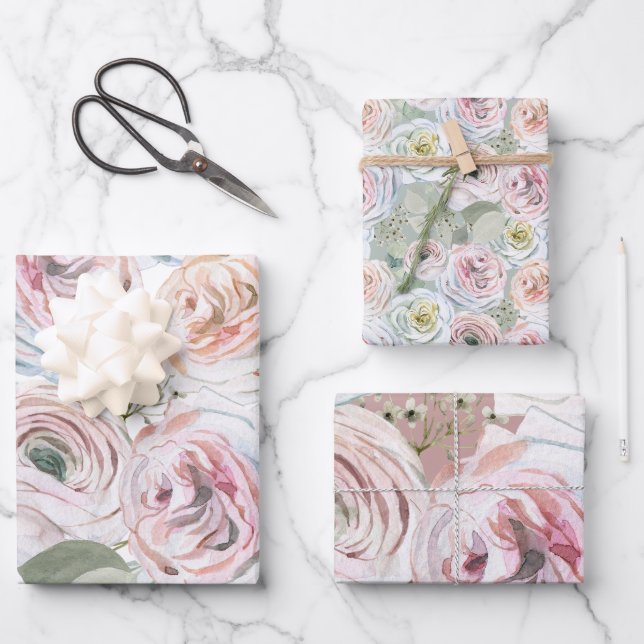Pfirsichfarbene Rose Weiß Blütensaft Salbei Geschenkpapier Set (Vorderseite)