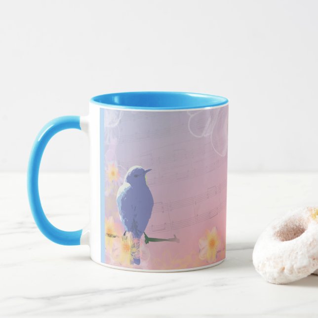 Pfirsichfarbener blauer Vogel: Vögel und Tasse (Mit Donut)
