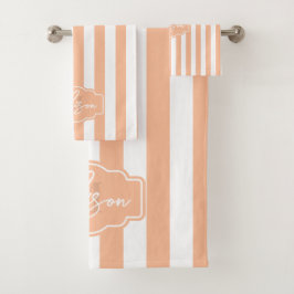 Pfirsichfuzz und weiße, breite Streifen mit Monogr Badhandtuch Set