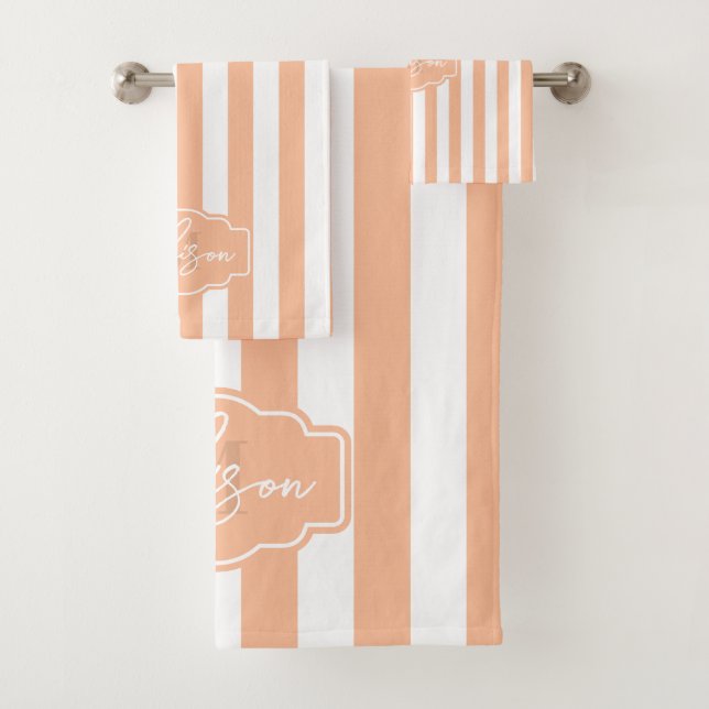 Pfirsichfuzz und weiße, breite Streifen mit Monogr Badhandtuch Set (Insitu)