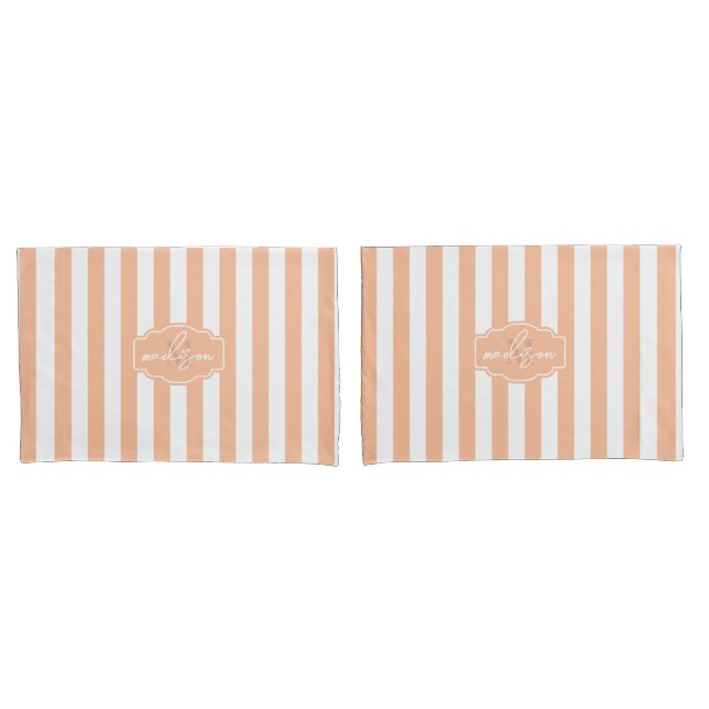 Pfirsichfuzz und weiße, breite Streifen mit Monogr Kissenbezug (Vorderseite-Set)