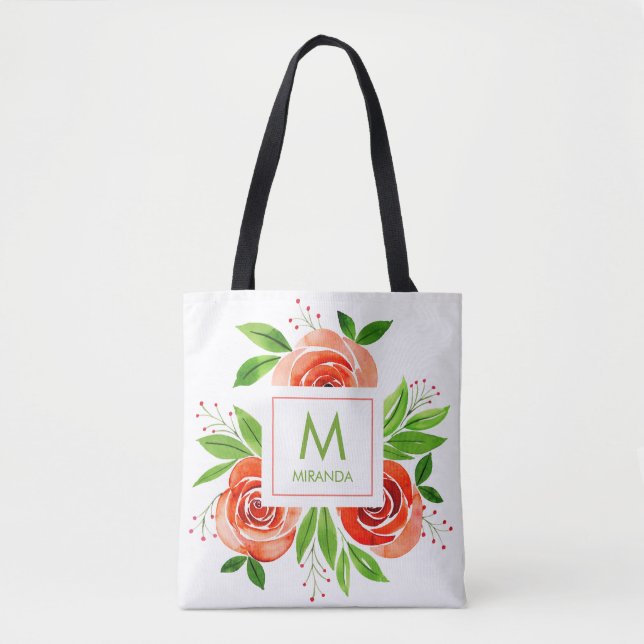 Pfirsichkorallen Rose Aquarellfarben Monogramm Per Tasche (Vorderseite)