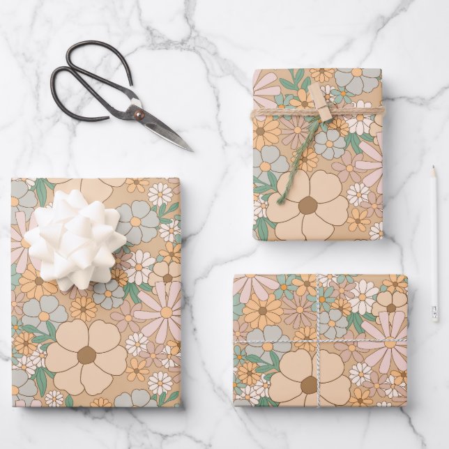 Pfirsichorange, rosa Grau, Blüte, 3 Set Geschenkpapier Set (Vorderseite)