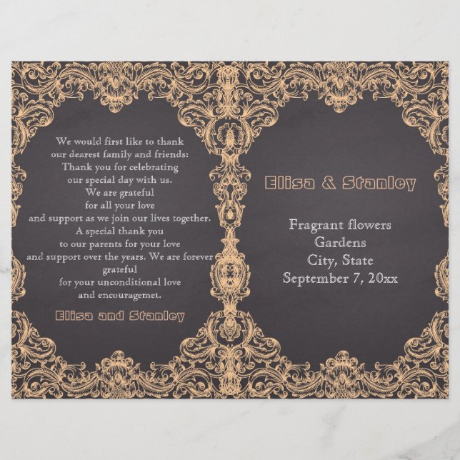 Pfirsichrahmen, Kalkboard gefaltetes Hochzeitsprog (Vorderseite)