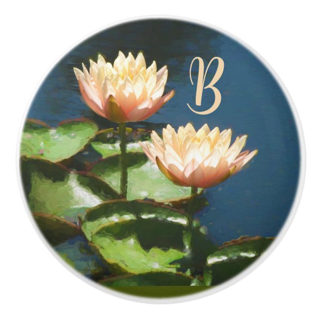 Pfirsichrosa blauer Floral Monogramm-Schublade Keramikknauf (Vorderseite)