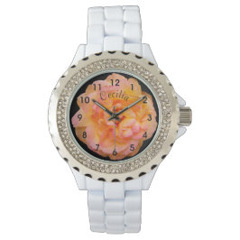 Pfirsichrosa Gelbe Rose Design auf schwarzem Hinte Armbanduhr