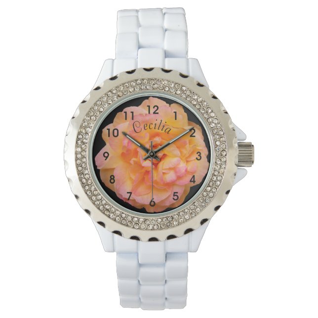 Pfirsichrosa Gelbe Rose Design auf schwarzem Hinte Armbanduhr (Vorderseite)
