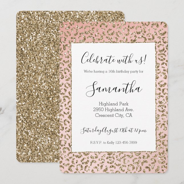 Pfirsichrosa Glitzer Gold Leopard Print Einladung (Vorne/Hinten)