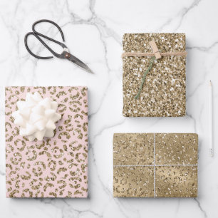 Pfirsichrosa Glitzer Gold Leopard Print        Geschenkpapier Set