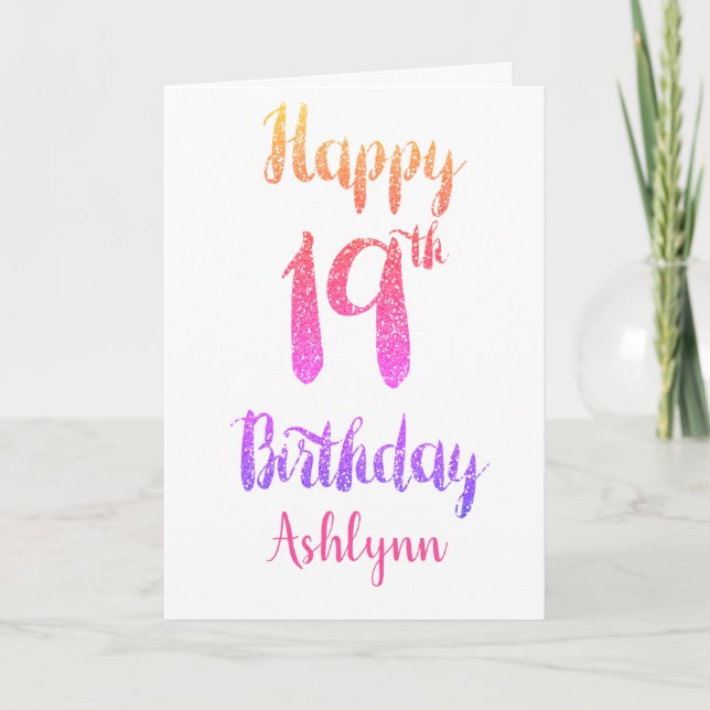 Pfirsichrosa Lila Glitzer 19. Geburtstag Karte (Vorderseite)