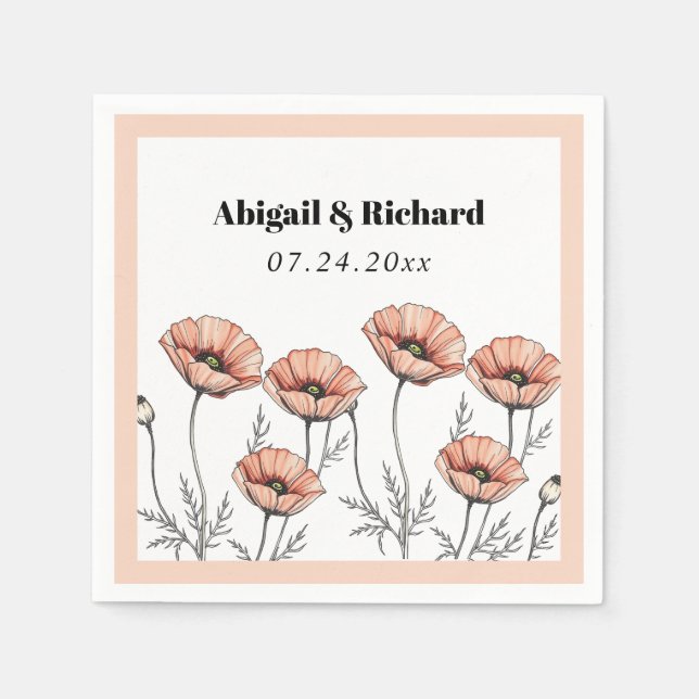 Pfirsichrosa Mohnblüten Wildblumen Hochzeit Serviette (Vorderseite)